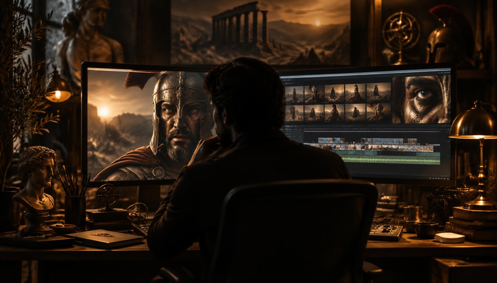 Filmmaker editing an AI-generated ancient warrior character in a dark editing suite