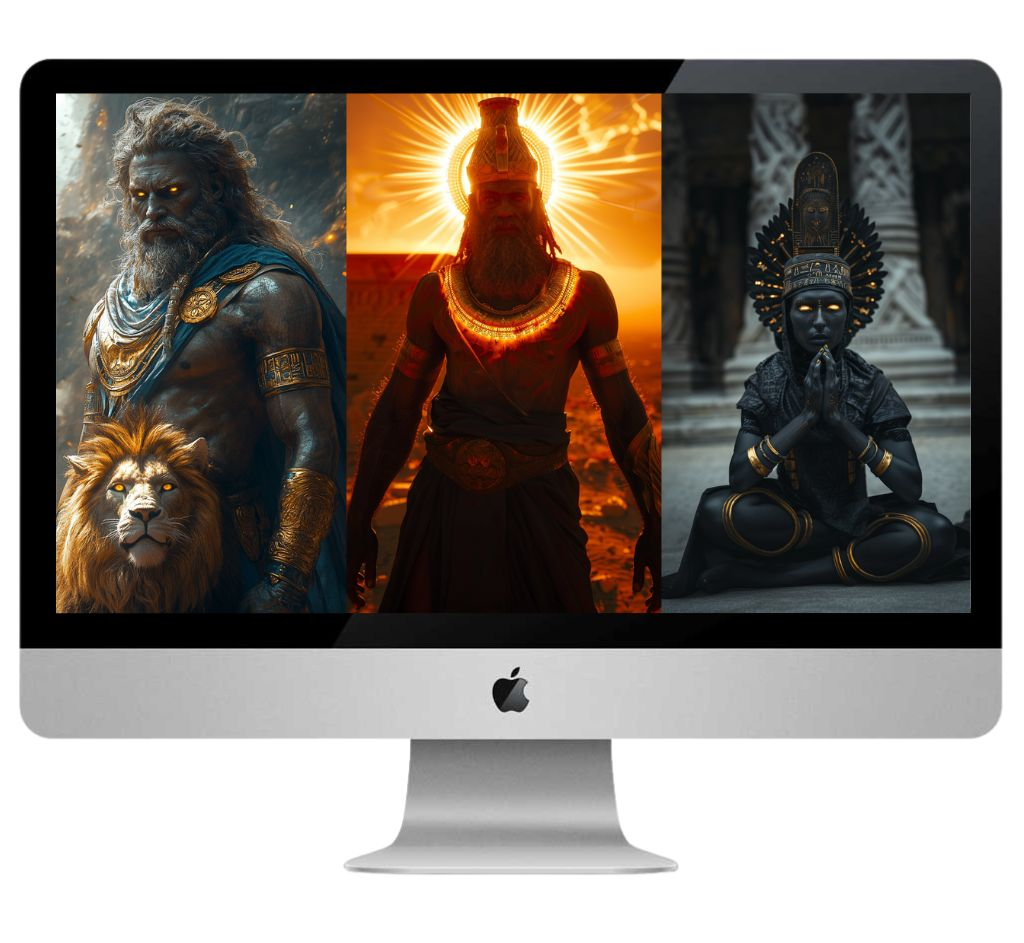 Sun-deity, fire-god, and seated priestess character concepts