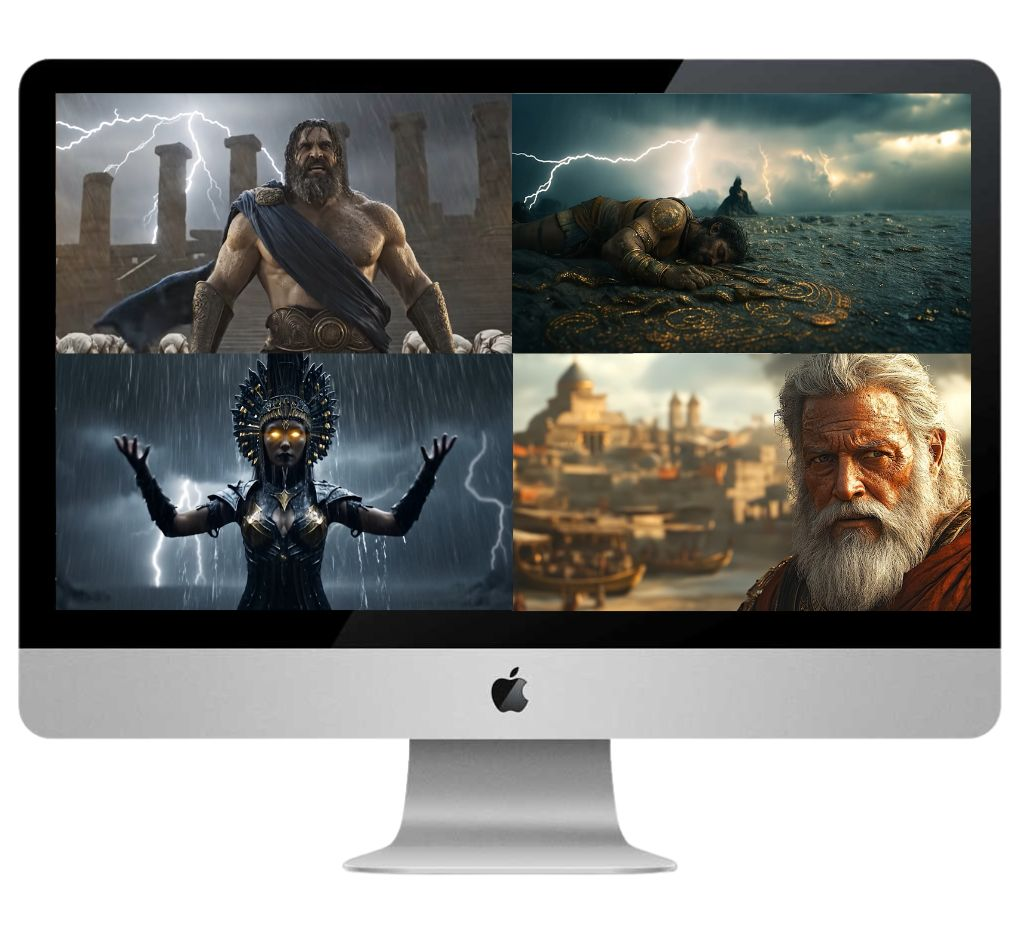 Storm-god scenes and mythic ruler shots from pre-biblical worlds